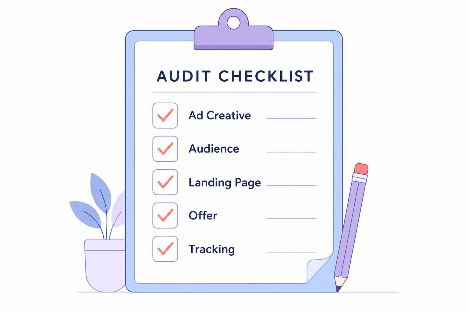 Audit checklist on a clipboard showing ad creative, audience, landing page, offer and tracking checked off